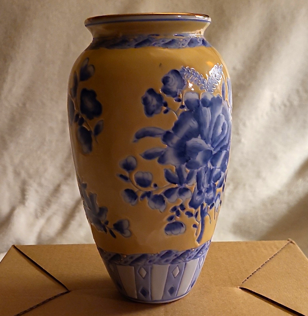 Vtg 1996 FPD Hand Painted Ceramic Vase Yellow Cobalt Blue Floral Chinese Style